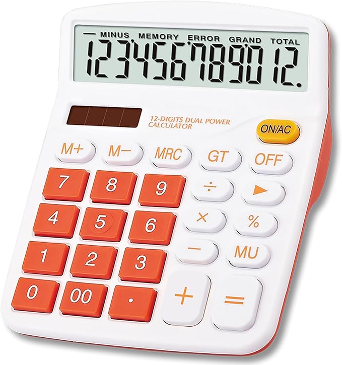 Meichoon Large Calculator Orange Office Solar Dual Power Financial Dedicated 12 Digit Display Large Standard Function Desktop Business Calculator Multifunctional KA08