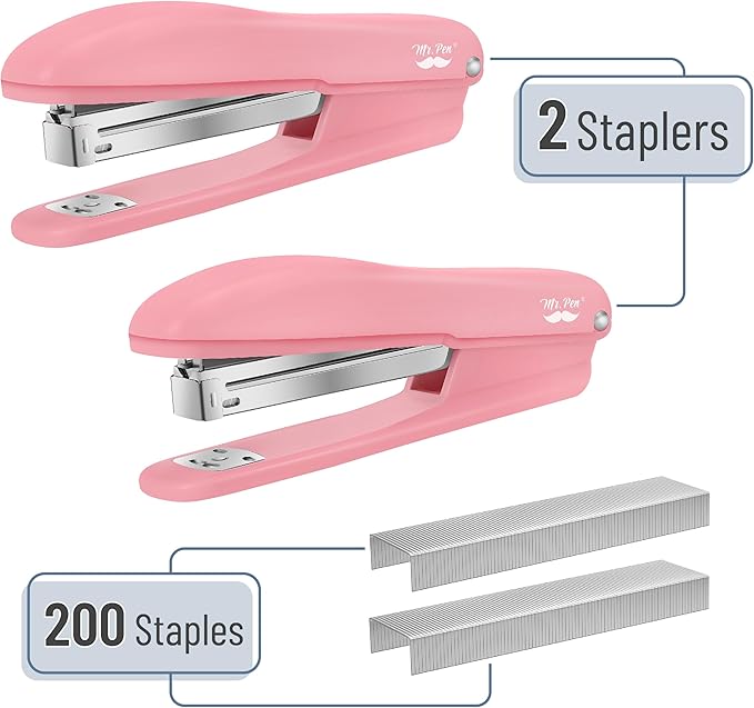 Mr. Pen- Staplers for Desk, 2 Pack With 200 Staples, 20 Sheet Capacity, Pink, Office Stapler Set