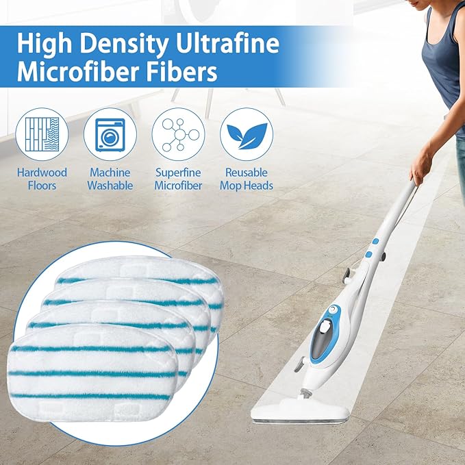 Steam Mop Pads Compatible with PurSteam ThermaPro 10-in-1 and ThermaPro 211 Steam Mop Cleaner Microfiber Pur steam Mop Replacement Pads (Blue and White-4pcs)