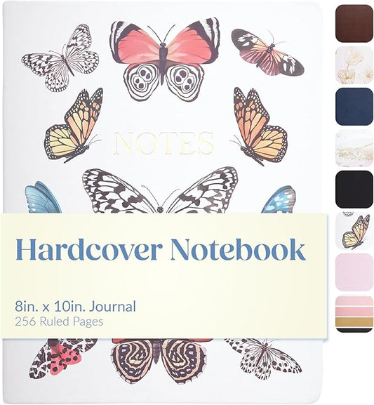 Eccolo Large Lined Journal Notebook, Hardbound Cover, Writing Journal, 256 Ruled Cream Pages, Ribbon Bookmark, Lay Flat, Desk Size for Work or School (Butterflies, 8x10 inches)