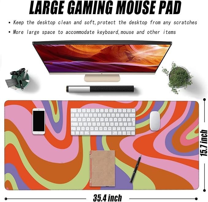 Large Gaming Mouse Pad for Desk, Retro Hippie Colorful Wave Patterns Desk Mat for Desktop, Non-Slip Rubber Base Stitched Edges Long Computer Keyboard Mouse Mat Desk Pad for Home Office 35.4"X15.7"