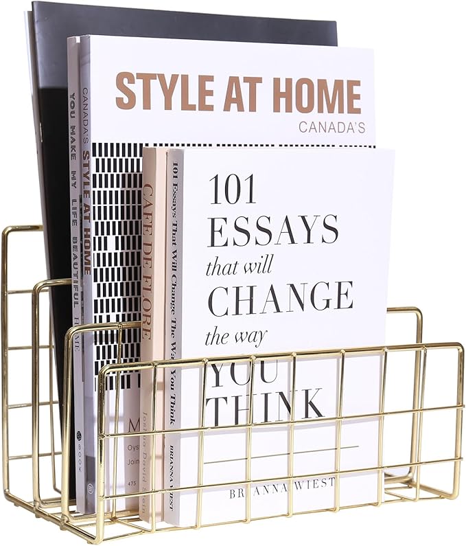 Metal File Organizer, 3 Vertical Sections, Desktop Paper/Mail/Letter/Record Holder, File Folder Holder Stand Rack Sorter for Office Desk Organization and accessories & supplies (Gold)