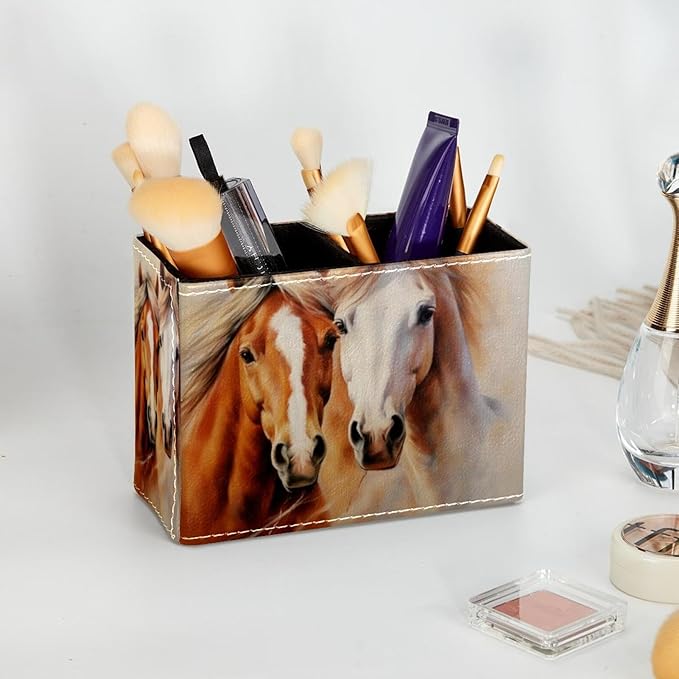 Pen Holder, Pencil Holder for Desk, Horse, Makeup Brush Organizer with 2 Compartments for Office Home Desk Accessories