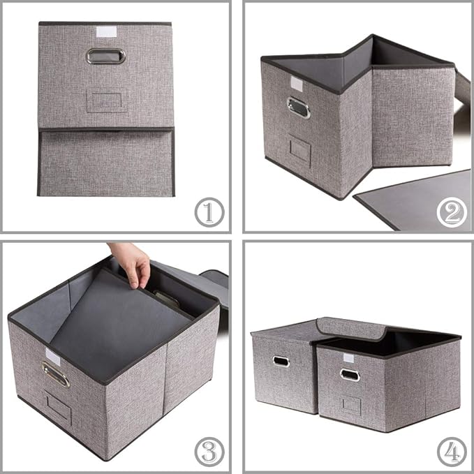 PRANDOM File Organizer Box - Set of 2 Collapsible Decorative Linen Filing Storage Hanging File Folders with Lids Office Cabinet Letter Size (15x12.2x10.75 inch)