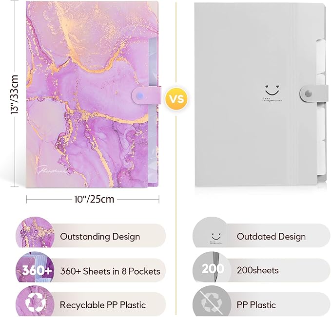 Expanding File Folder, Folders for Important Documents Organizer, Accordion File Organizer, Aesthetic Folders for School Students, 8 Pockets File Folder for Home Bills (Purple Gold Marble)