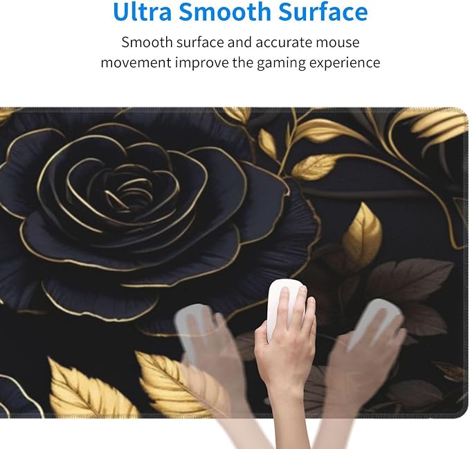 Gaming Mouse Pad, Large Non-Slip Rubber Base Mousepad, Keyboard Mouse Mat, Desk Pad with Stitched Edges, 31.5x11.8inch, Black Flower