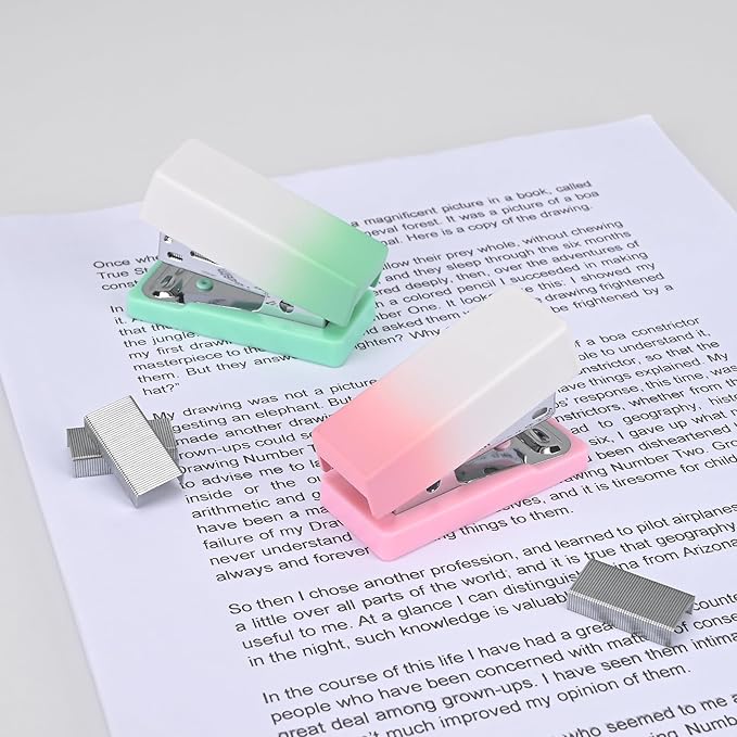 Temiary 2 Pcs Mini Desktop Stapler with Staples Standard, Small Cute Stapler for Desk, 12 Sheets Capacity, Gradient Staplers for Student or Office Use (Green & Pink)