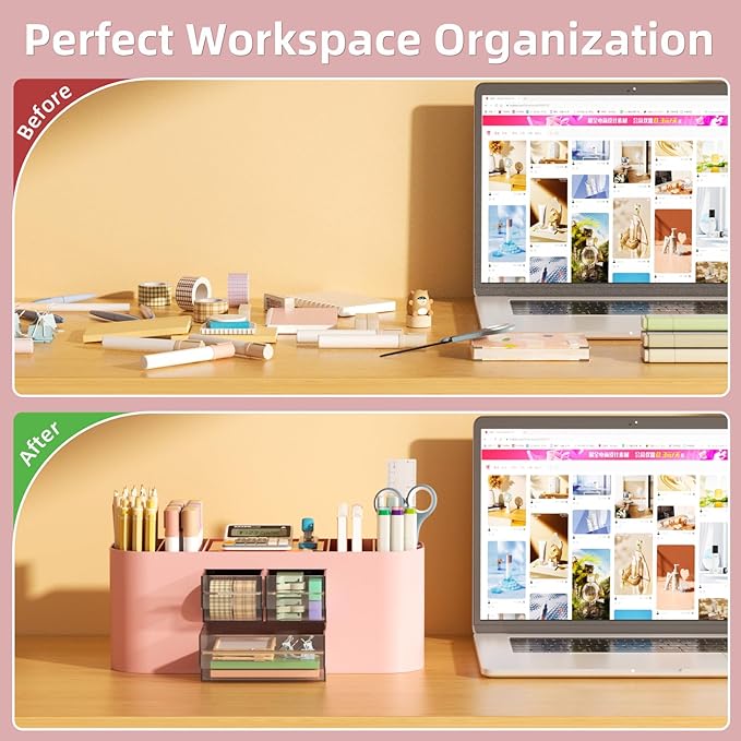 Marbrasse Desk Organizer Pen Holder for Desk with 3 Drawers, Multi-Functional Pencil Holder, Desk Organizers and Accessories with 7 Compartments for Home, School, Classroom(Pink)