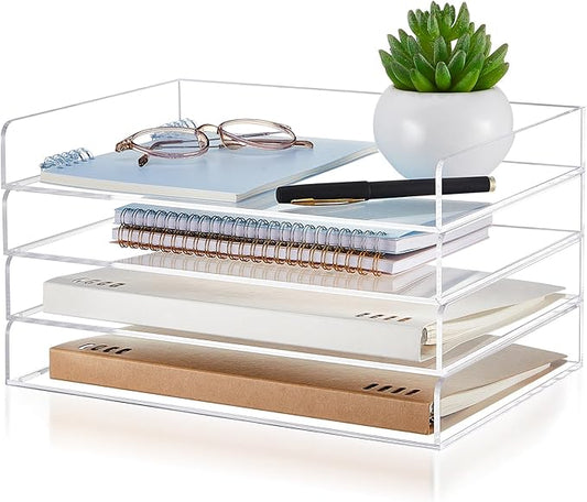 Harloon 4 Tier Acrylic Paper Tray Paper Organizer for Desk Clear File Organizer 12. 4 x 8. 9 x 1. 7 Inches File Tray for Office Workspace Desktop Storage, No Need to Assemble(Transparent)