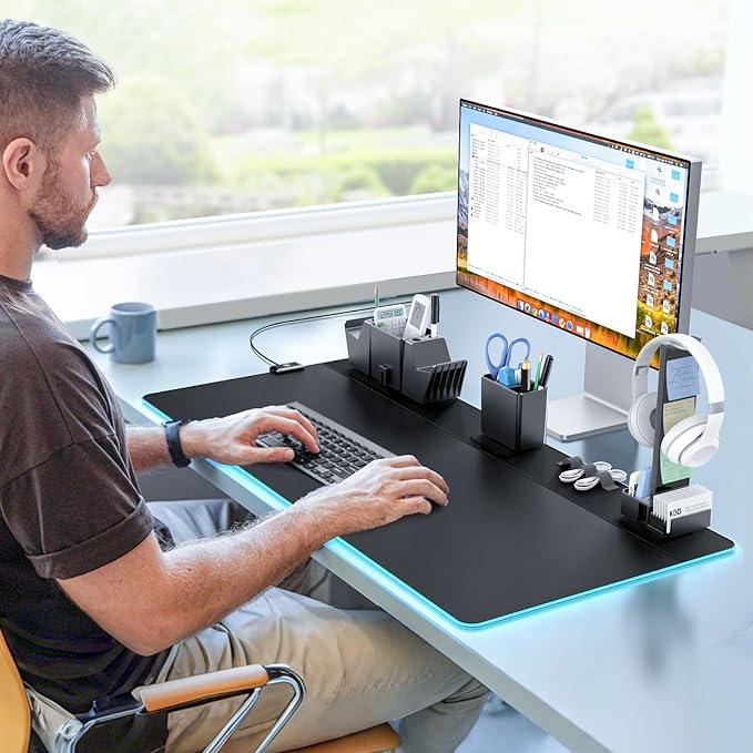KDD RGB Gaming Mouse Pad with Magnetic Organizer Set - 8 in 1 Desk Keyboard Mat with Desktop Storage for Headset & Controller Stand/Remote Holder/Pen Holder/Cable Management for Gamer Accessory Setup