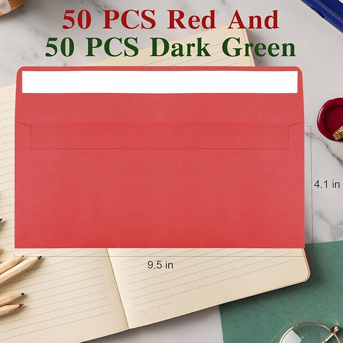 100 Pack Christmas Red and Dark Green #10 Business Envelopes, Standard Envelopes Self Seal, 4 1/8 x 9 1/2 Inch Letter Size Business Mailing Envelopes for Baby Shower Wedding Birthday
