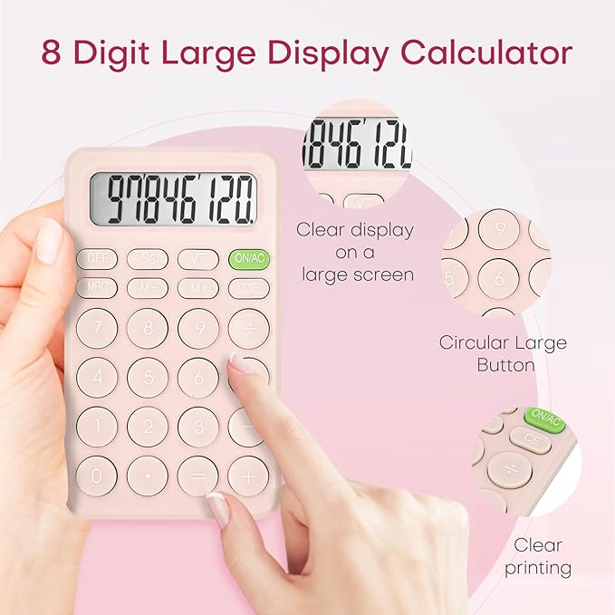 Cute Calculator, Basic Four Function for Teachers Students Basics Office, Small Handheld Calculators, 8 Digit with LCD Display, Sensitive Button, 5.5×3.2 inches Pink
