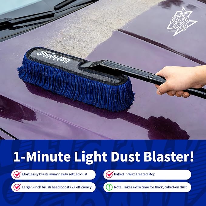 Flash Dog Wood Handle Car Duster Exterior + Mini Interior Brush Waterless Exterior Scratch-Free Cleaning for Cars/SUV/Truck/RV & Dash Detailing | Waxed Cotton & Microfiber