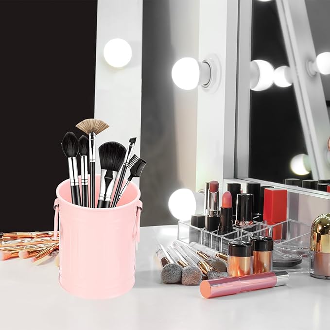 PATIKIL Barrel Pencil Holder, Metal Pen Holder for Desk Pencil Holders Cup Organizer with Handles Makeup Brush Holder Stationery Storage, Pink