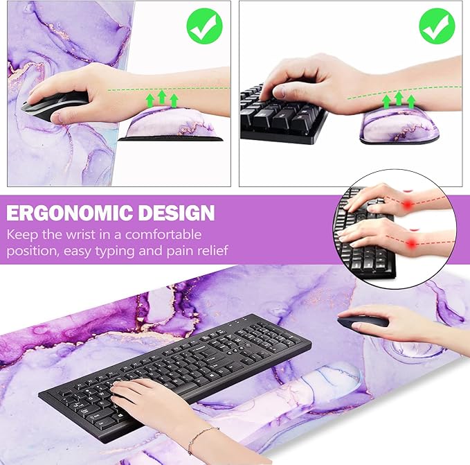 ARTSO Large Gaming Mouse Pad, Keyboard Wrist Rest Pad & Wrist Support Mousepad Set, Stitched Edge, Extended, Non-Slip Base, Memory Foam,Multifunctional Desk Mat for Office & Home, Purple Blue Marble