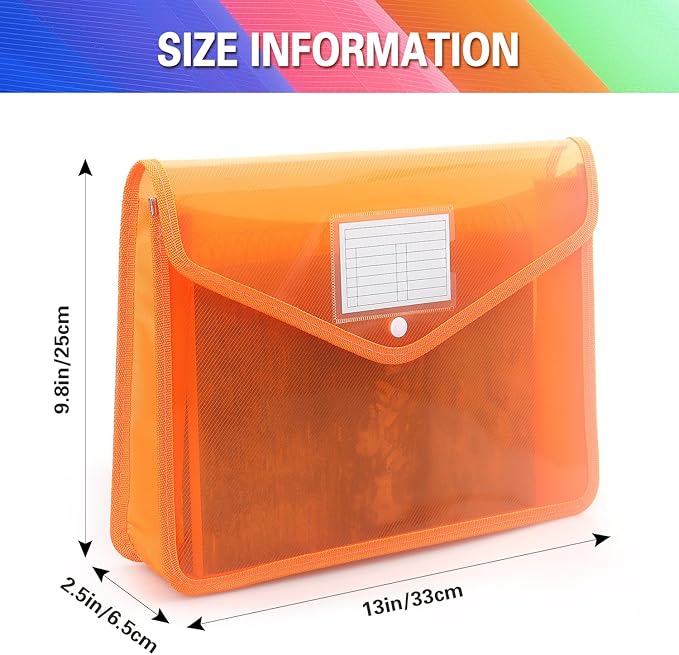 Plastic Expanding File Folder, Transparent envelopes with Snap Closure, No Dividers, Large Capacity, Fit Letter/A4 Size (Orange)