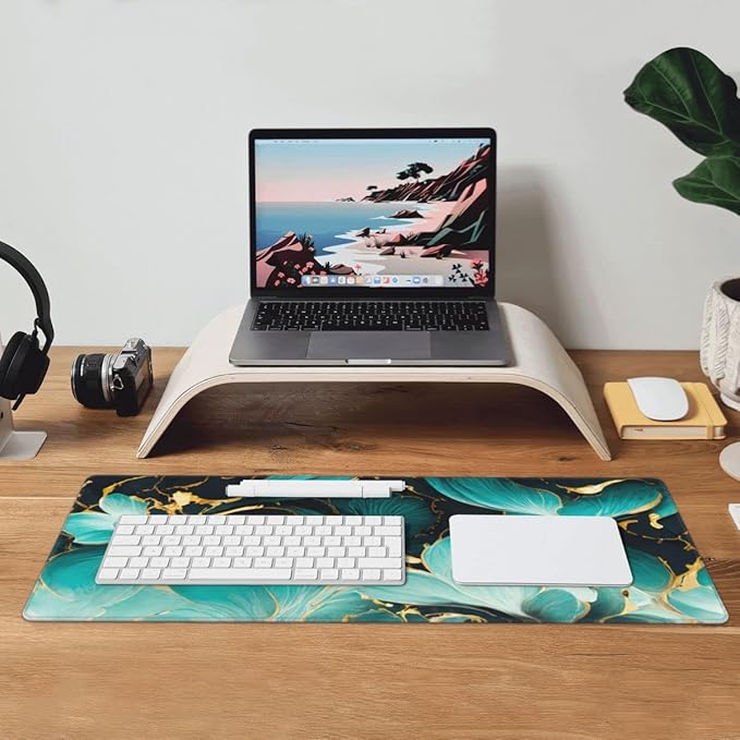 Desk Pad,Office Desk Mat 31.5"×11.8" Large Gaming Mouse Pad,Extended Computer Mouse Pad,Waterproof Thick Big Mouse Pads with Non-Slip Rubber Base Office Home Blue Gold Marble Flower