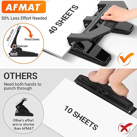 AFMAT HPX2 Heavy Duty 3 Hole Puncher, 40-Sheet Paper Punch Heavy Duty, 50% Reduced Effort Three Hole Punch, 10K+ Uses, Metal Hole Puncher 3 Ring w/Large Tray, Bulit-in S.S. Paper Guide, Black