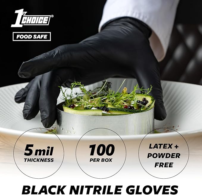 1st Choice Black Nitrile Gloves Disposable Latex-Free 5 Mil Textured for Cooking, Cleaning, Food Prep, Small, Box of 100