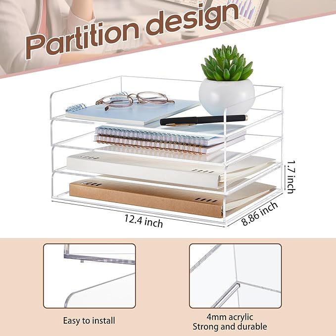 Harloon 4 Tier Acrylic Paper Tray Paper Organizer for Desk Clear File Organizer 12. 4 x 8. 9 x 1. 7 Inches File Tray for Office Workspace Desktop Storage, No Need to Assemble(Transparent)