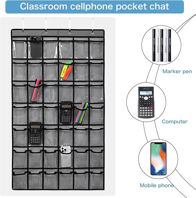 42 Pocket Classroom Pocket Chart for Cell Phones and Calculator,Clear Cellphone Pocket Chart for Classroom with Number Sticker and Hooks (Grey-42 Pockets)