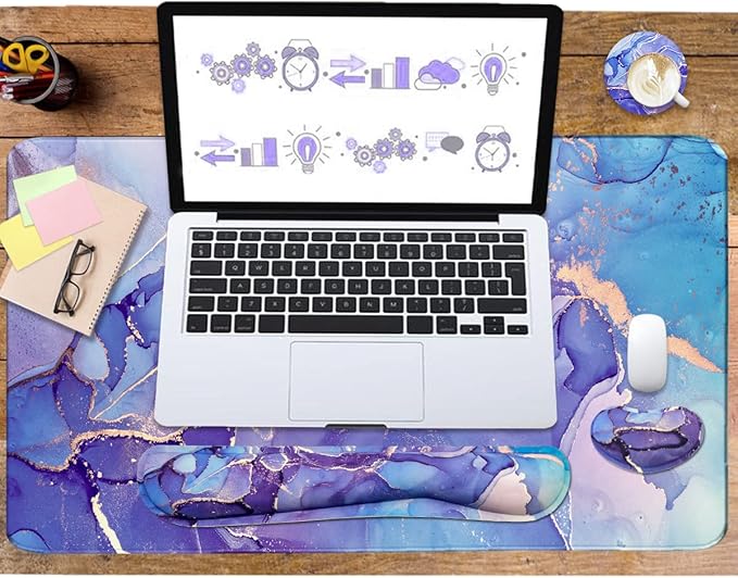 Large Mouse Pad and Keyboard Wrist Rest, Desk Pad for Keyboard and Mouse, 4-in-1 Large Gaming Mouse Pad with Wrist Support - Purple Marble