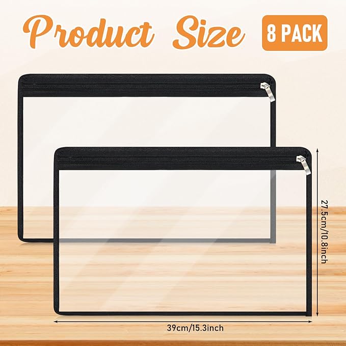 Outus 8 Pcs Clear Zipper Pouches Pencil Pouches PVC Makeup Pouch Envelopes Folder Storage Multi Purpose Pouch Document File Organization Bags, Office Supplies (Black Edging,15.3 x 10.8 Inch)