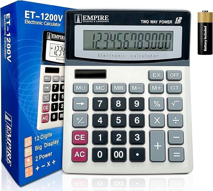 Empire Desk Calculator with Large Key Buttons, 12-Digit Large Eye-Angled Display, Solar & Battery Powered - Basic Calculator for Students, Home and Office Use (Battery Included)