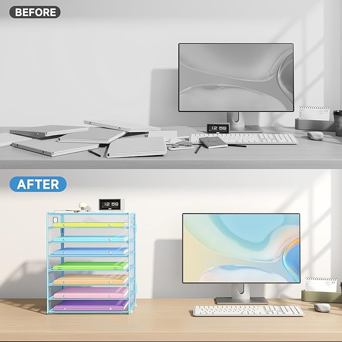 8 Tier Paper Organizer with Handle, Metal Mesh Desk File Organizer, Large Capacity Desk Organizers Paper Letter Tray Desktop Document Sorter for Office, Home or School - Blue