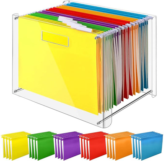 24 Hanging File Folder with Acrylic Organizer for Letter/a4 Size Desktop Clear File Storage Box with Handles for Home Work Office Use(Rainbow,Classic)