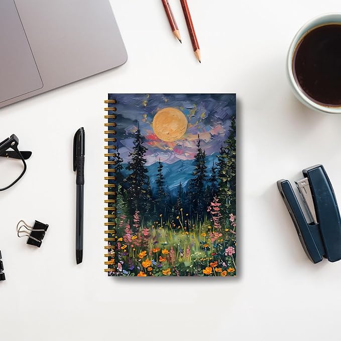 Moon Journal Notebook, Mystical Midnight Full Moon Wildflowers Floral Notebook Journal, Aesthetic Notebook, Journal Notebooks for Note Taking, Spiral Notebook 5.5x8.3 Inch