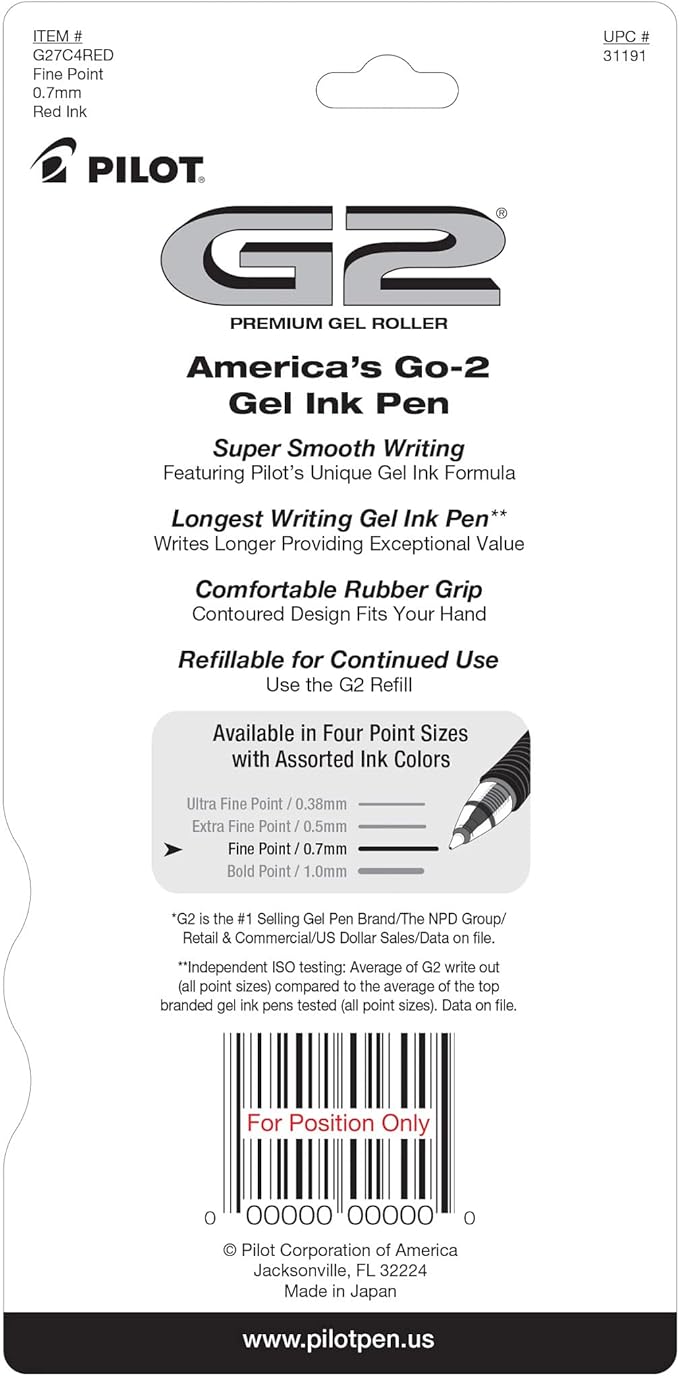 Pilot G2 Premium Gel Roller Pens, Fine Point 0.7 mm, Red Pens, Pack of 4 - Ideal for School, Journaling & Office Writing