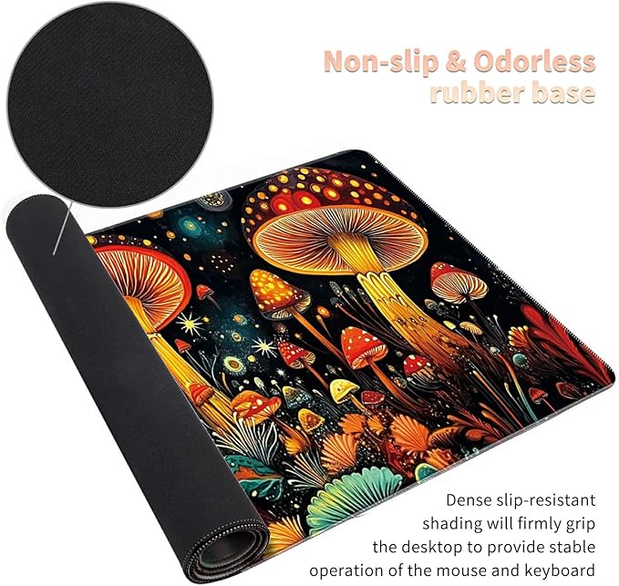 Desk Mat Large Gaming Mouse Pad (31.5x11.8 inch) with Stitched Edges, XL Mouse Pad +Coaster, Extended Mouse Mat Keybroad Mousepad Non-Slip Rubber for Gamer Men Women, Mushrooms Night