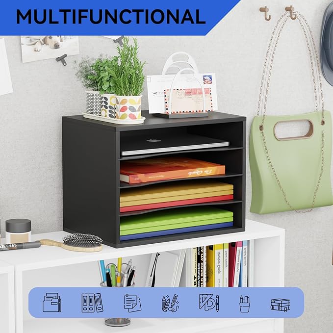 Wood Desktop Letter Tray File Organizer, Paper Storage Mail Sorter with 3 Adjustable Drawer Boards for Home and Office, Black