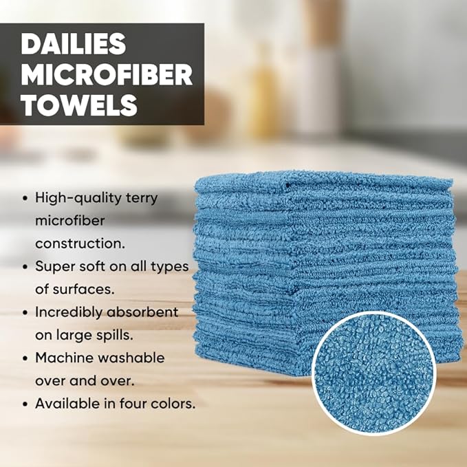 Microfiber Wholesale Dailies Microfiber Cleaning Cloths | 15-Pack (Blue) 12"x10" | Fits TowelNest Dispenser | Reusable, Absorbent, Washable | Eco-Friendly Paper Towel Alternative