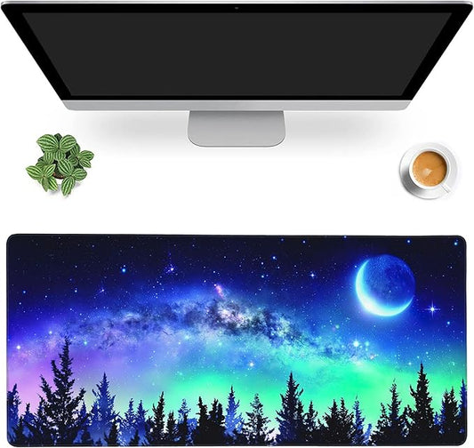 MIOAOSRT Desk Mat,Milky Way and Moon in Night Forest Large Gaming Mouse Pad with Stitched Edges,Non-Slip Computer Mouse Pad for Desk,Extended XXL Keyboard and Mouse Pad 35.4x15.75 in