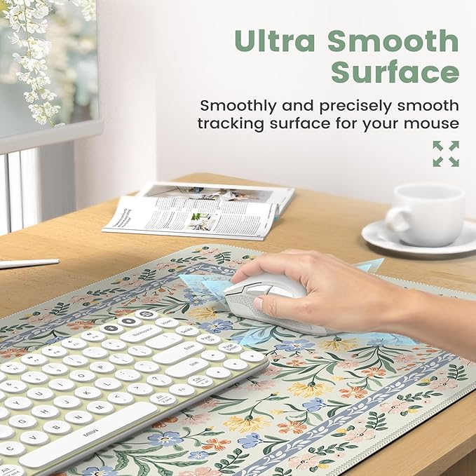 iCasso Desk Pad Mat, Large Mouse Pad and Keyboard Wrist Rest Set, Desk Protector Mat,4in1 Ergonomic Carpal Tunnel Keyboard Pad with Wrist Support for Desktop Cover Home Office Computer(Green Flowers)