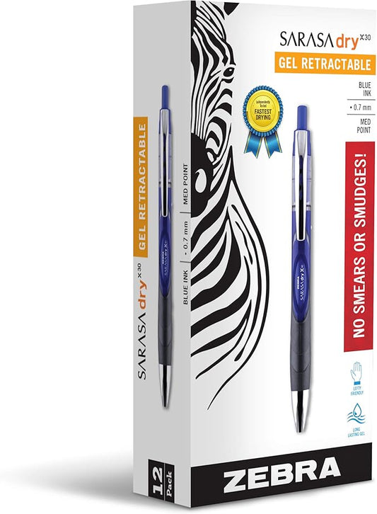 Zebra Pen Sarasa Dry X30 Retractable Gel Pen, Medium Point, 0.7mm, Blue Ink, 12-Pack