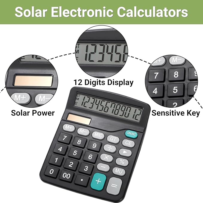 8 Pack Desktop Calculator 12 Digit, Solar Battery Basic Calculators, Dual Power Electronic Calculators with Large LCD Display, Sensitive Button Handheld Calculator for Office Home School, Black