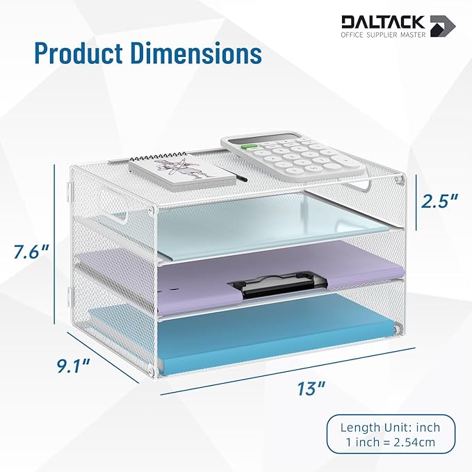 DALTACK 3 Tier Letter Tray Paper Organizer with Handle, Mesh Desk File Organizer, Paper Tray Desk Organizer for School Office Home, Metal Mesh, White