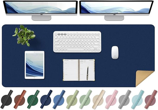 Large Desk Pad Protector, Non-Slip Computer Mat for Desk, 55'' x 17'' PU Leather Office Desk Mat for Home & Office, Laptop Desk Blotter Pad for Mouse and Keyboard, Dark Blue