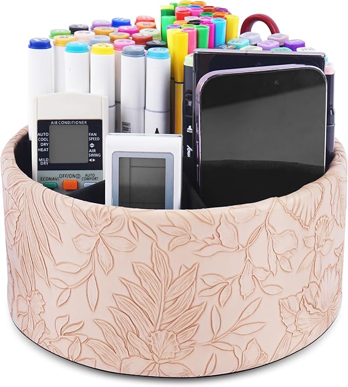 Hennaja Remote Control Holder, 360°Spinning PU Leather Desk TV Remote Caddy,Desk Storage Box Room Accessories for Controller, Media,Mail,Calculator, Mobile Phone,Pencil(1-Carved Light Brown)