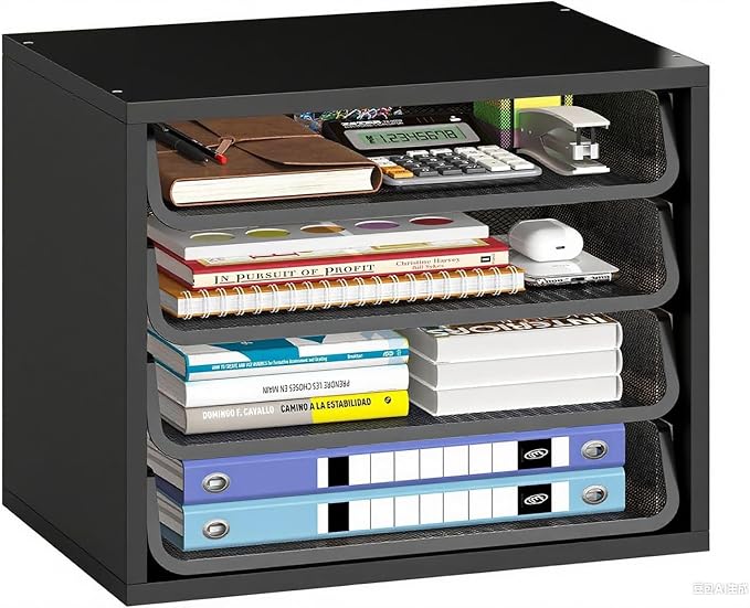 Simple Trending Desk File Organizers, 4-Tier Letter Tray Paper Organizer with File Holder, Wooden Paper Sorter for Office Supplies, Black