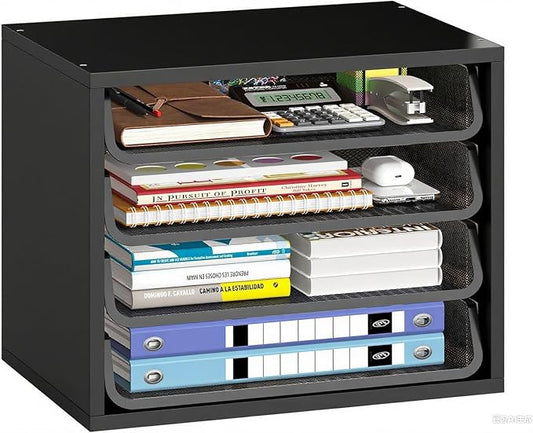 Simple Trending Desk File Organizers, 4-Tier Letter Tray Paper Organizer with File Holder, Wooden Paper Sorter for Office Supplies, Black