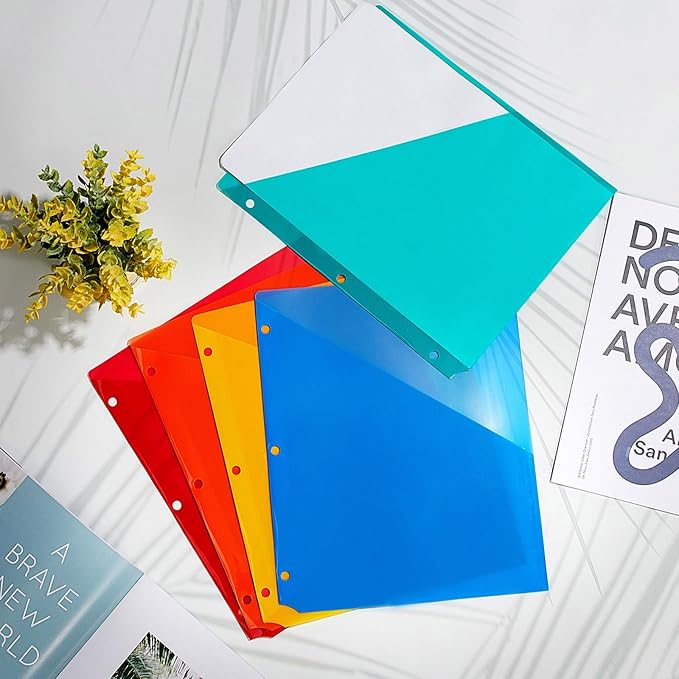 Maitys 50 Pack Binder Pockets 3 Hole Punch Clear Plastic Document Folders Binder Organizer Store Letter Size 8.5x11 Inch Paper Folders with Pockets Slash File Jacket for Office (Bright Colors)