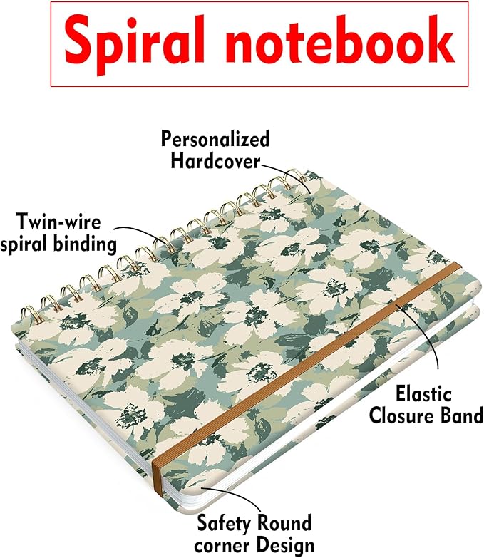 Spiral Journal Notebook for Women, Hardcover A5 College Ruled Notebook, 120 Pages, Thick Paper, Cute Lined Journal for School, Office & Work, 6 x 8.4 in(Floral Green)