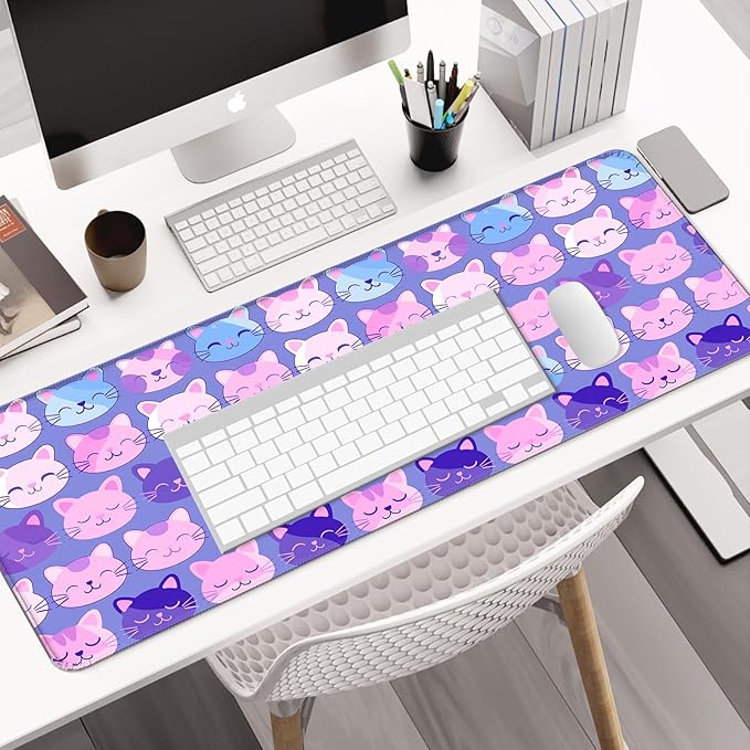 Purple Cute Cat Gaming Desk Mat, Extended Large Minimalist Kawaii Animal Aesthetic Mouse Pad, Computer Keyboard Laptop Mousepad for Work, Office and Home, XL