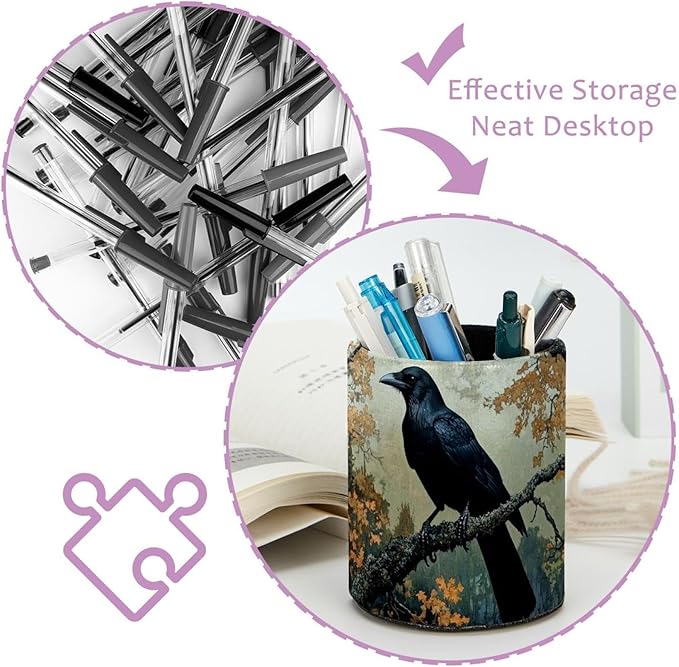 _Black Crow Sitting on Branch of Oak Tre (1) Pen Holder Stand Cup Pencil Holder Organizer Makeup Brush Holders for Home Office Desk