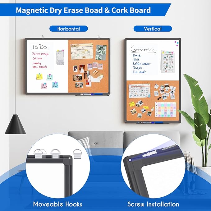Magnetic White Board and Cork Board Combo, 36 x 24 inches Whiteboard Bulletin Combination Board, Wall Mounted Dry Erase Message Board for Home, School and Office