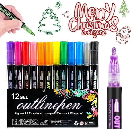 Marker Pen for Highlight, 2025 New Metallic Border Self Outline Pens, Children Art Creation Double Line Outline Markers, Festival Party Supplies Convenient for Posters, Painting Creations (12 color)